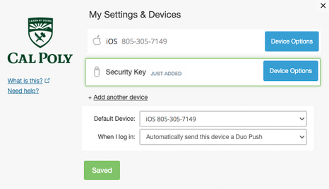 Multifactor authentication pop-up. My setting and devices. Security key is added.