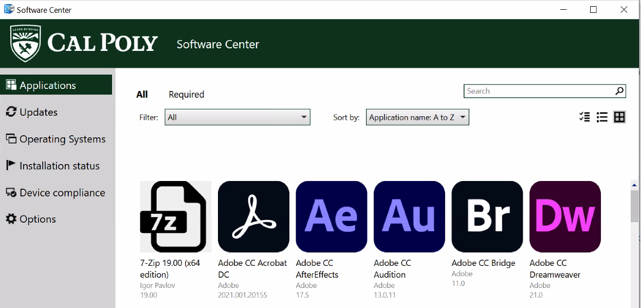Cal Poly Software Center. Applications tab.