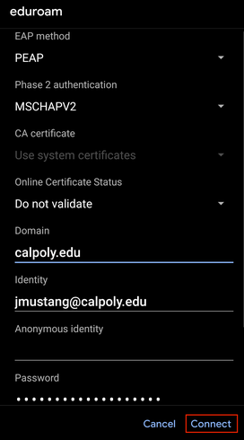 Android wifi settings. eduroam. Identity is calpoly email. Password is calpoly password. Connect button is highlighted