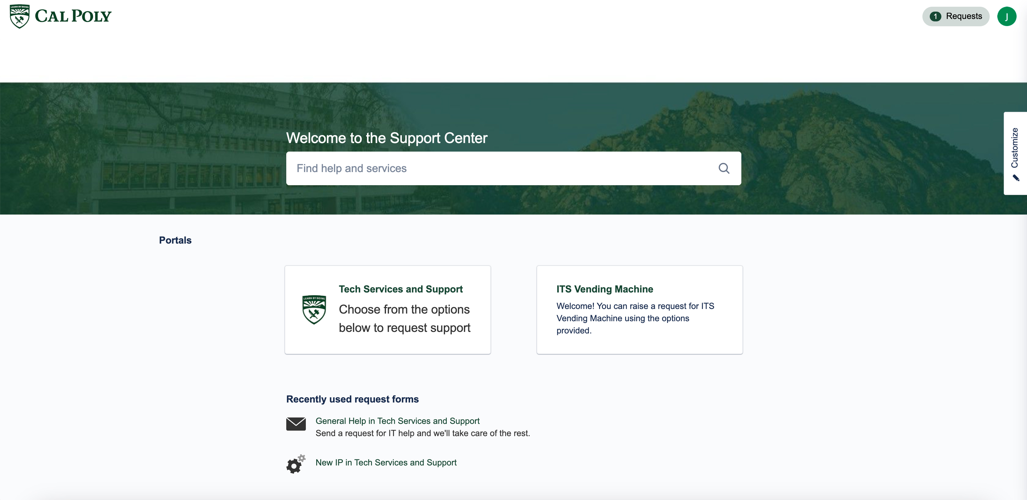 Screenshot of Cal Poly ITS Support Center Home screen.