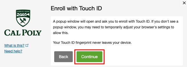 Multifactor Authentication Pop-up Enroll with Touch ID continue button