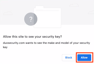 duosecurity.com. 'Allow this site to see you security keys'. Allow button is higlighted
