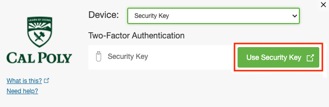 Multifactor authentication pop-up. Device. Security key is selected. 'Use Security Key' button is highlighted