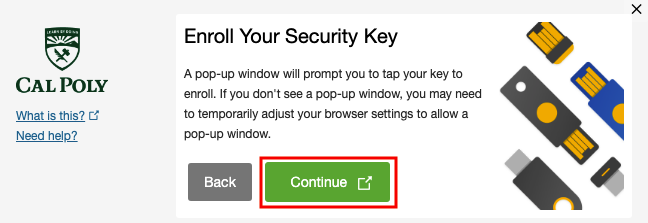 Multifactor Authentication Pop-up Enroll your security key continue button