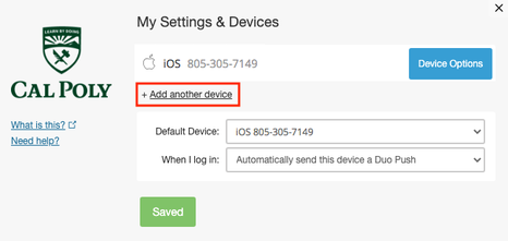 Multifactor Authentication pop-up. My setting and devices. 'Add another device' button is highlighted