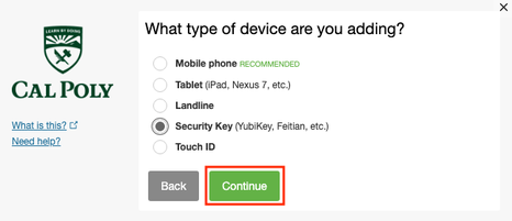 Multifactor authentication pop-up. 'What type of device are you adding'. Security Key is selected. Continue button is highlighted