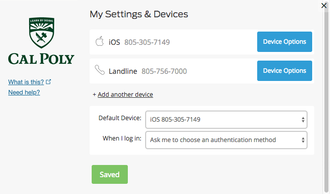 Multifactor Authentication Pop-up My setting and Devices device saved