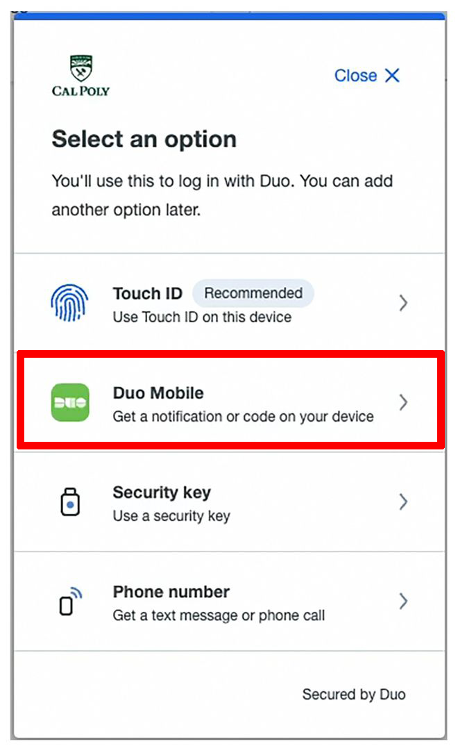 Duo Universal Prompt. Duo-Mobile outlined in red. 