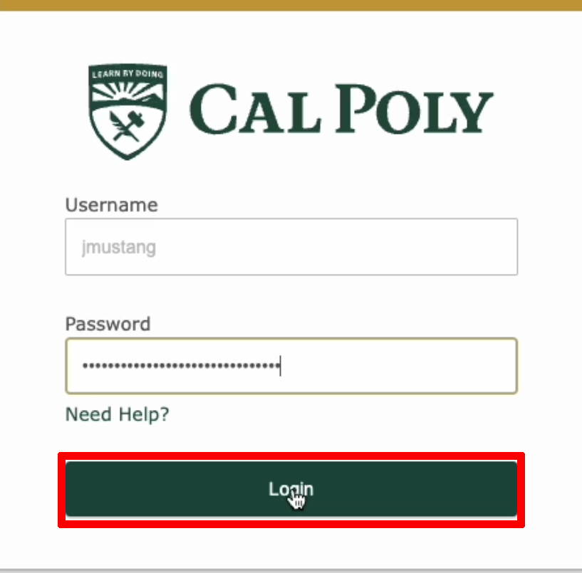 Cal Poly login screen. Login button outlined in red.