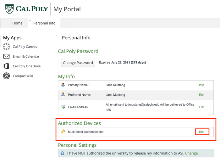 My Cal Poly Portal Personal Info tab. Authorized devices, multifactor authentication 'edit' button is highlighted.