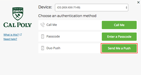 Multifactor authentication pop-up. Select device. Choose an authentication method. 'Send me a push' button is highlightec