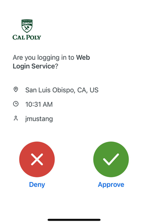 Duo mobile app. 'Are you logging in to Web Login Service'. Approve or Deny buttons.
