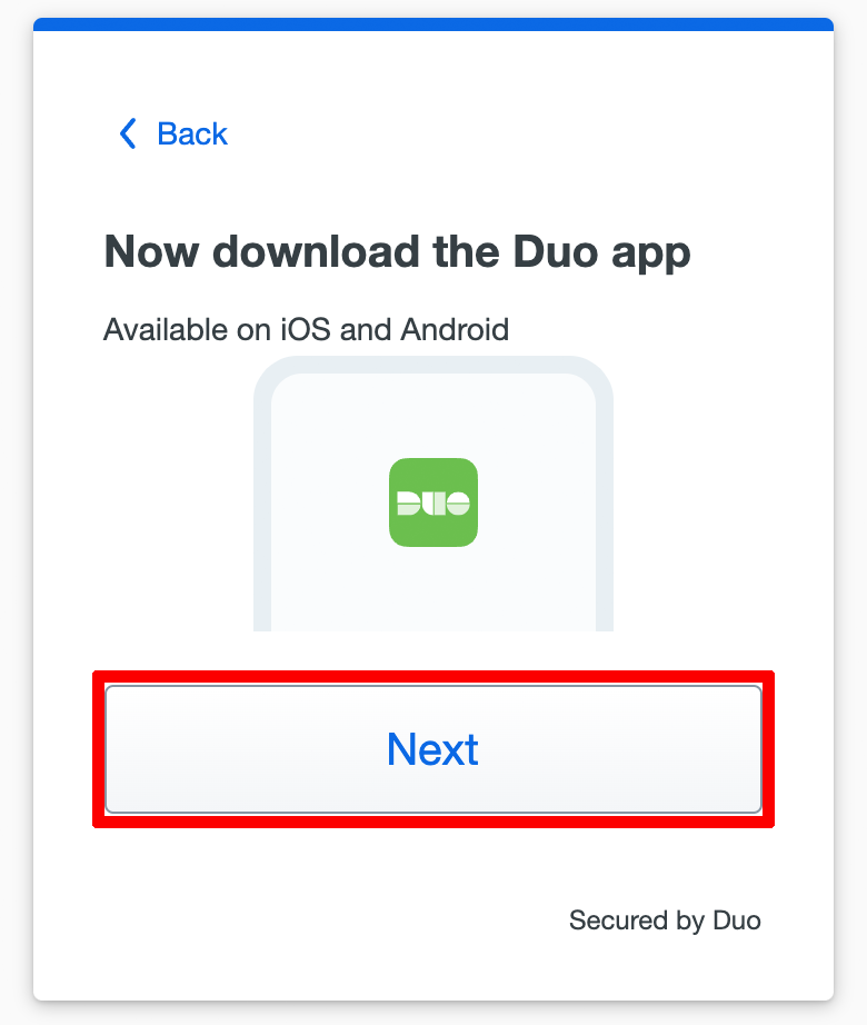 Now download the Duo app prompt. The Next button outlined in red. 