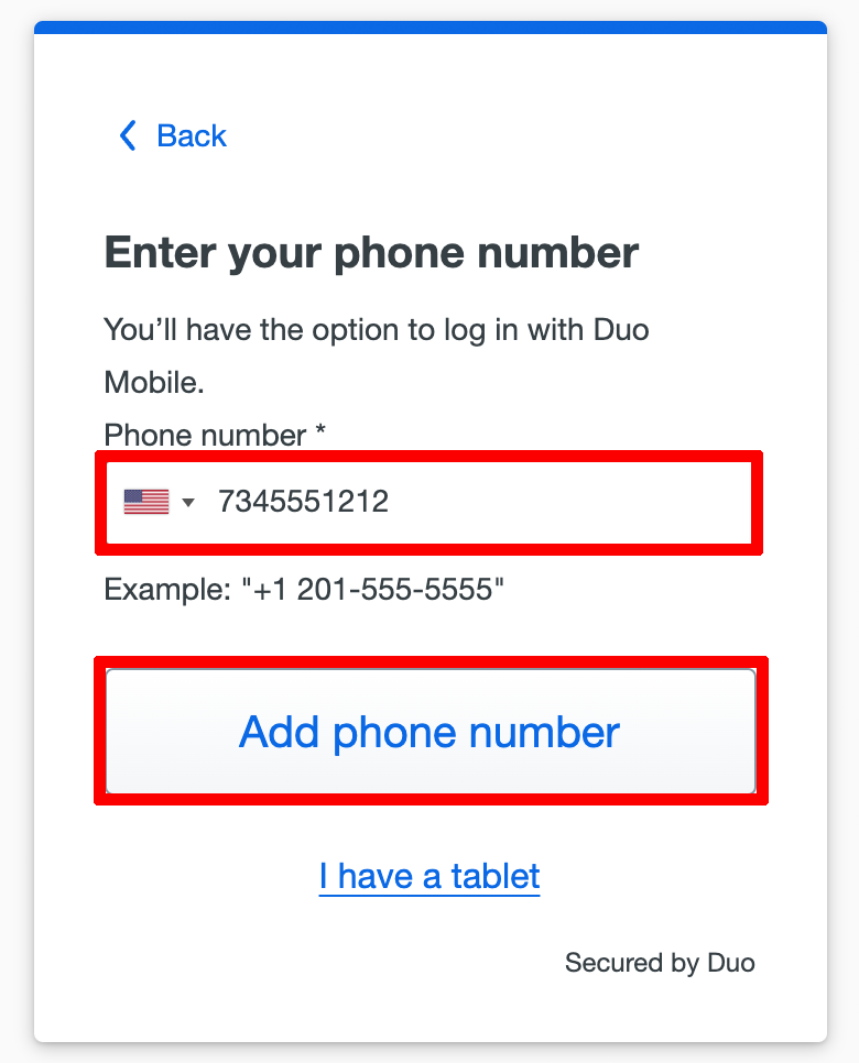 Enter your phone number prompt. Phone number field and Add phone number button highlighted in red.  in 