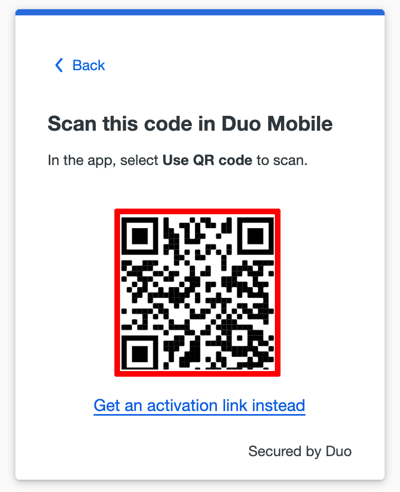 San this code in Duo Mobile prompt. QR code outlined in red. 