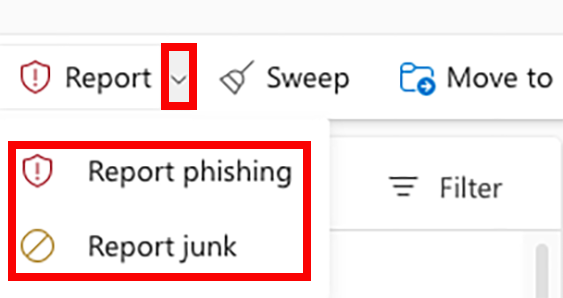 Report dropdown arrow clicked and highlighted in red. Report phishing and Report junk menu items highlighted.