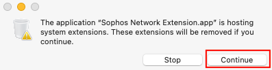 Pop-up. The application 'Sophos NEtwork Extenssion.app' is hosting system extensions. Continue button is highlighted