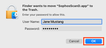 Finder wanted to move 'SophosScanD.app' to the Trash. Computer Username and password are entered. Ok button is highlighted