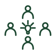 Communication Icon four people shapes placed at top, bottom and each side around a light bulb shape