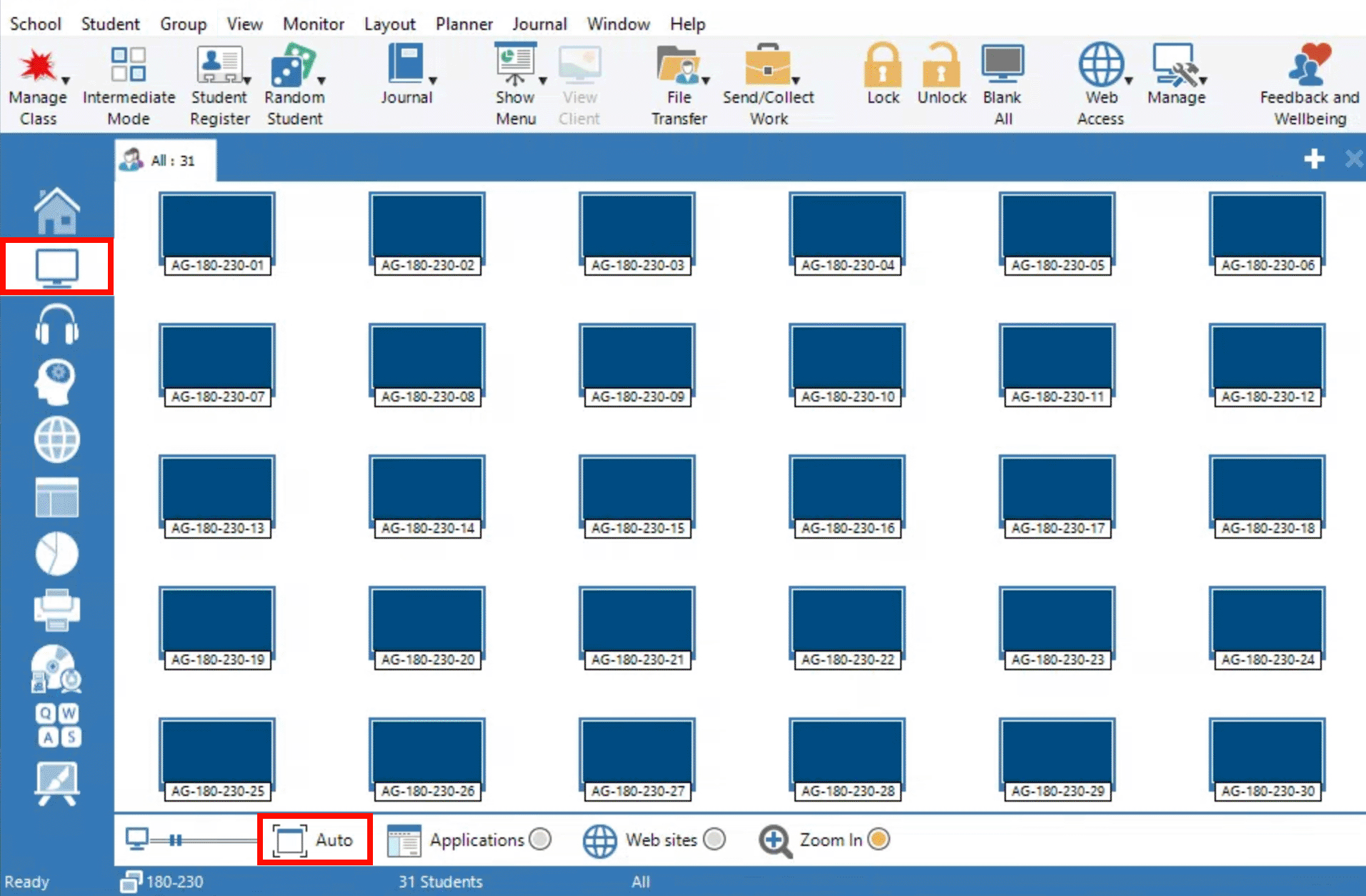 SchoolVue software screen, displaying all screen icons at once.