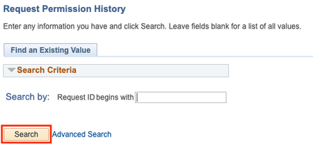 Request Permissions History page. Search button is highlighted