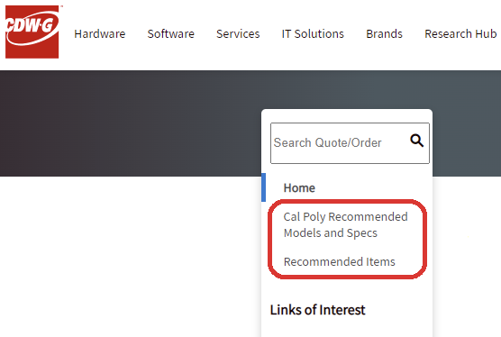 CDW-G home page. 'Cal Poly Recommended Models and Specs' is highlighted