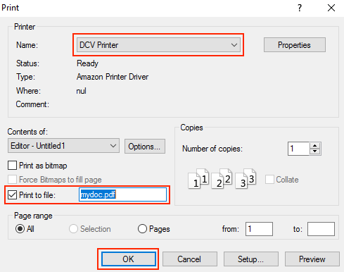 Virtual Computer Labs Print pop-up. For Name, DCV Printer is selected and highlighted. Print to file option is checked and highlighted. Ok button is highlighted