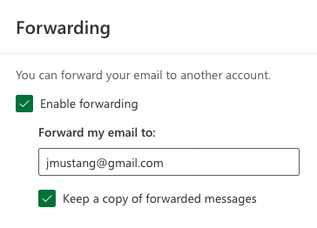 Forwarding. 'Enabling forwarding' is checked. 'Keep a copy of forwarded messages' is checked