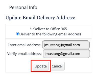 Personal Info. Update Email Delivery Address. Update button is highlighted