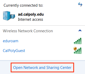 In Windows 7, Open Network and Sharing Center link