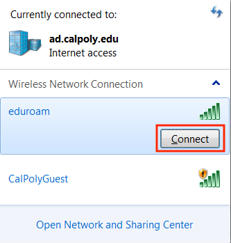 In Windows 7, connect to eduroam