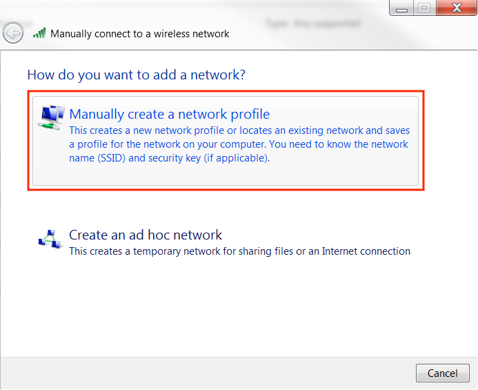 In Windows 7, manually create a network profile