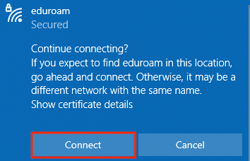 eduroam. 'Continue connecting' connect button is highlighted