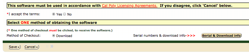 Accept terms of Cal Poly Licensing Agreement, Method of Checkout, select Download  