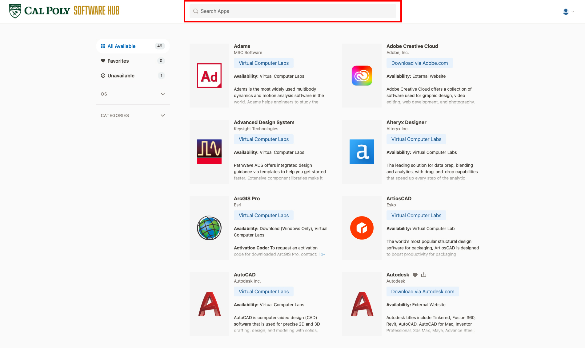 Search Apps field highlighted in red.
