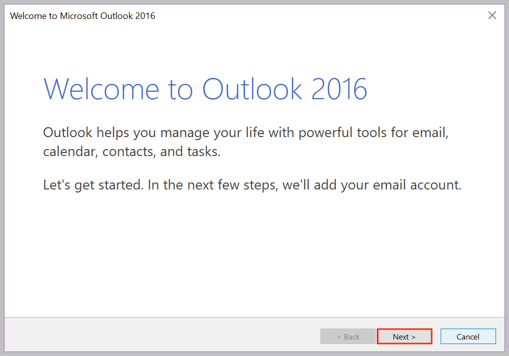 Welcome to Outlook 2016 welcome box in Windows