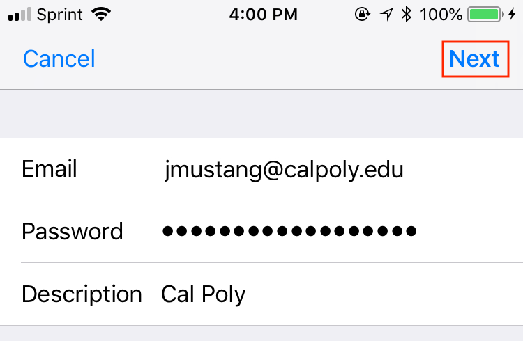 Configure the account by entering an email address and password on an iOS device
