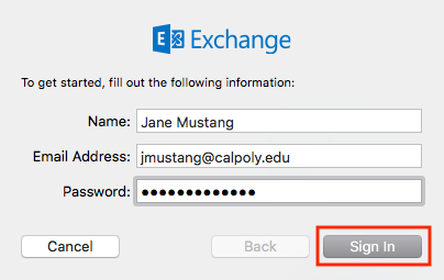 Continue configuring the account by entering name, email address, and password on a Mac