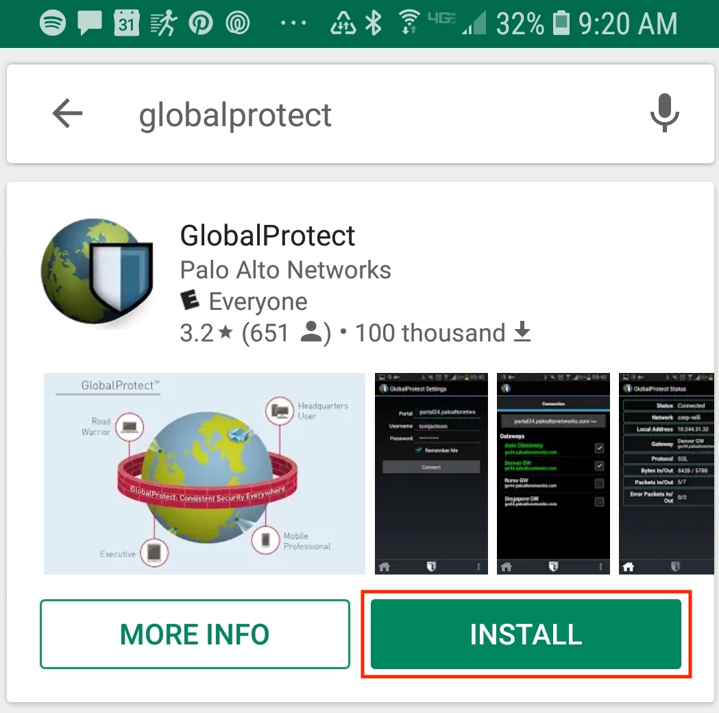 Android Google Play Store GlobalProtect install button