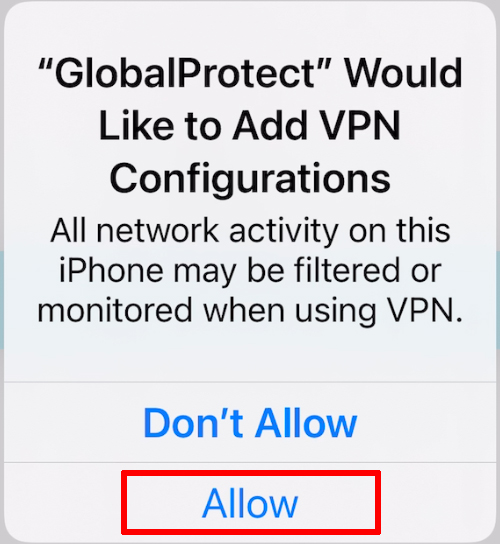 'GLobalProtect' would like to Add VPN configurations. Allow button is highlighted