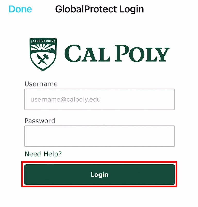 GLobalProtect Login pop-up. Login button is highlighted
