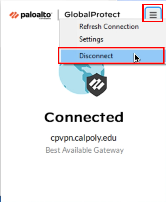 GlobalProtect pop-up. Menu icon is highlighted. in Menu dropdown, Disconnect is highlighted