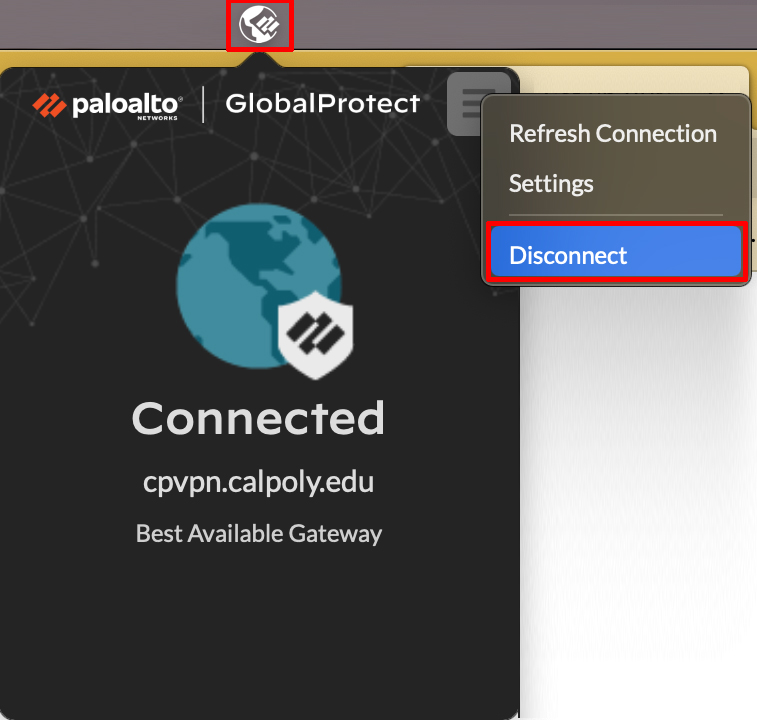 GlobalProtect icon is highlighted and clicked. Menu, Disconnect is highlighted