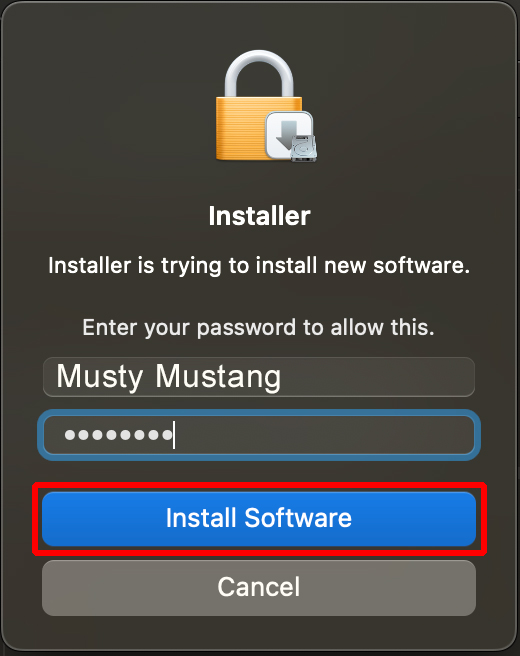 Installer pop-up. Install Software button is highlighted