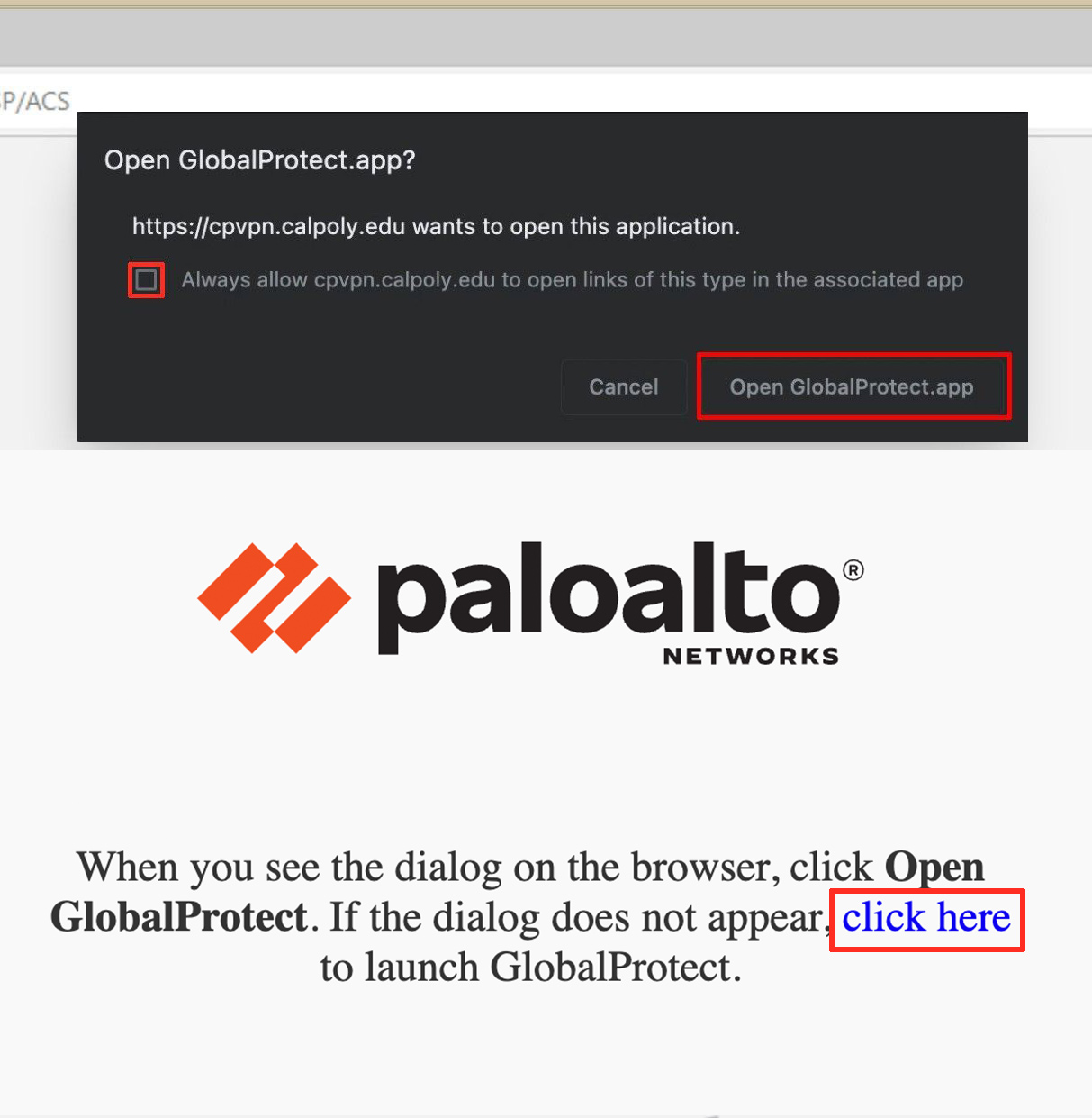'Open GlobalProtect.app' pop-up. 'Always allow' is checked. 'Open GlobalProtect.app' is highlighted