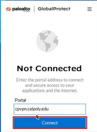 cpvpn.calpoly.edu typed in the field and Connect button highlighted