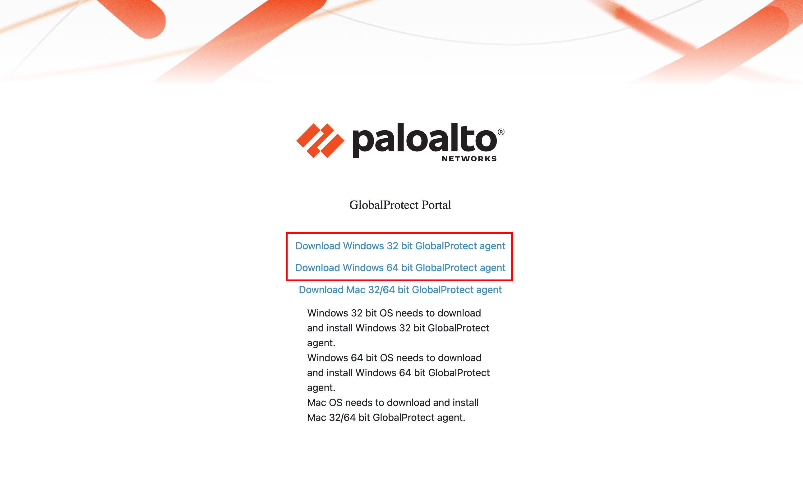 paloalto networks GlobalProtect download page. 'Download Windows 32 bit GlobalProtect agent' is highlighted