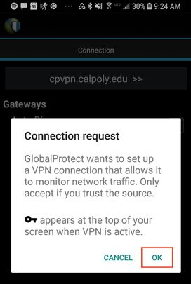 Connection request pop-up. Ok button is highlighted