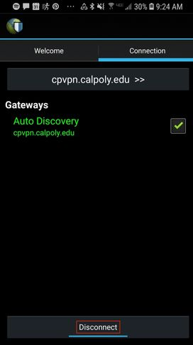 Android GlobalProtect Connection tab. Auto Discovery is checked. Disconnect button is highlighted