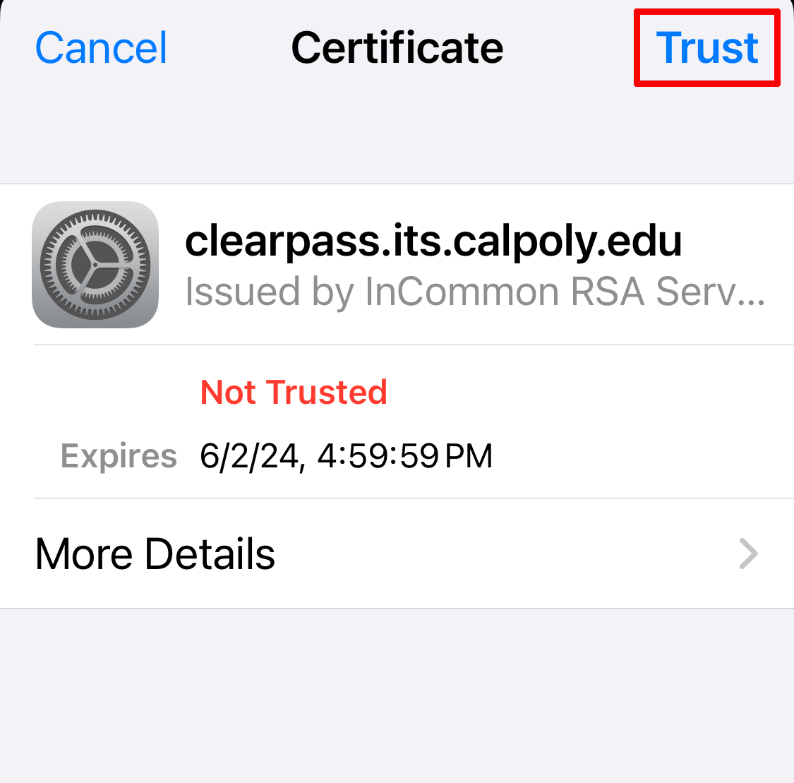 iOS wifi network certificate. Trust is highlighted.